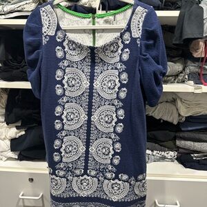 Navy Blue Embroidered Shift Dress with White Medallion Pattern